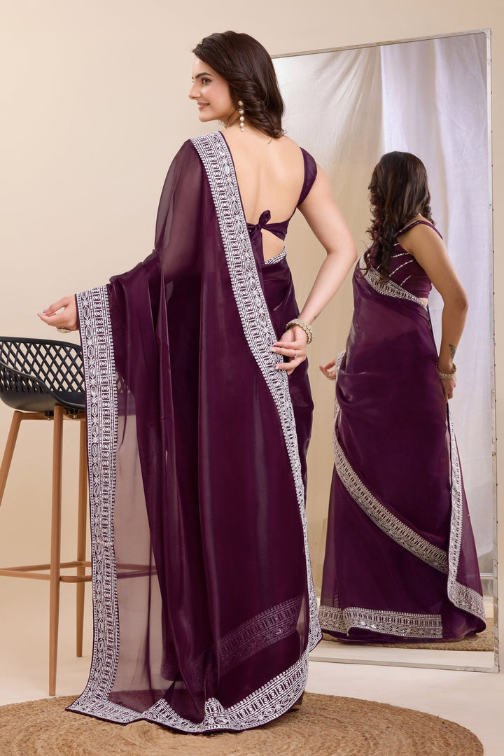 Blazing Wine Color Festival Wear Border Work Art Silk Saree | Buy Online India
