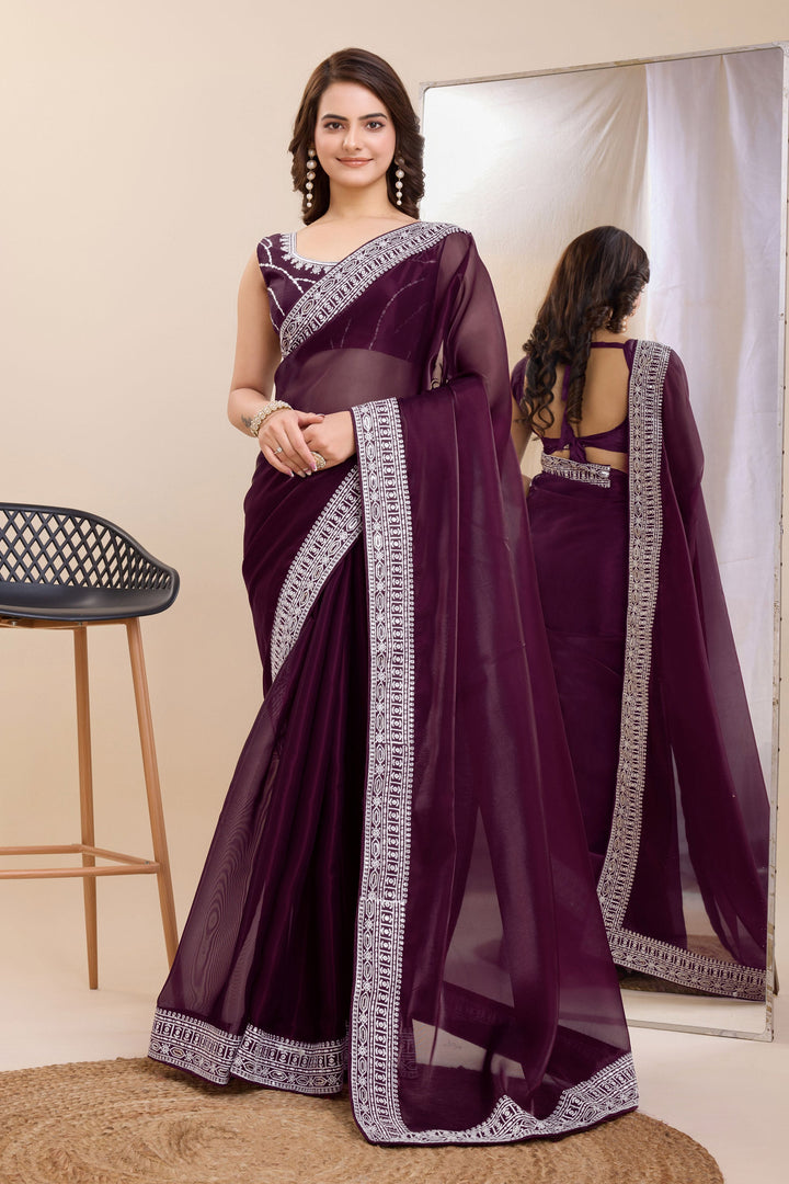 Blazing Wine Color Festival Wear Border Work Art Silk Saree | Buy Online India