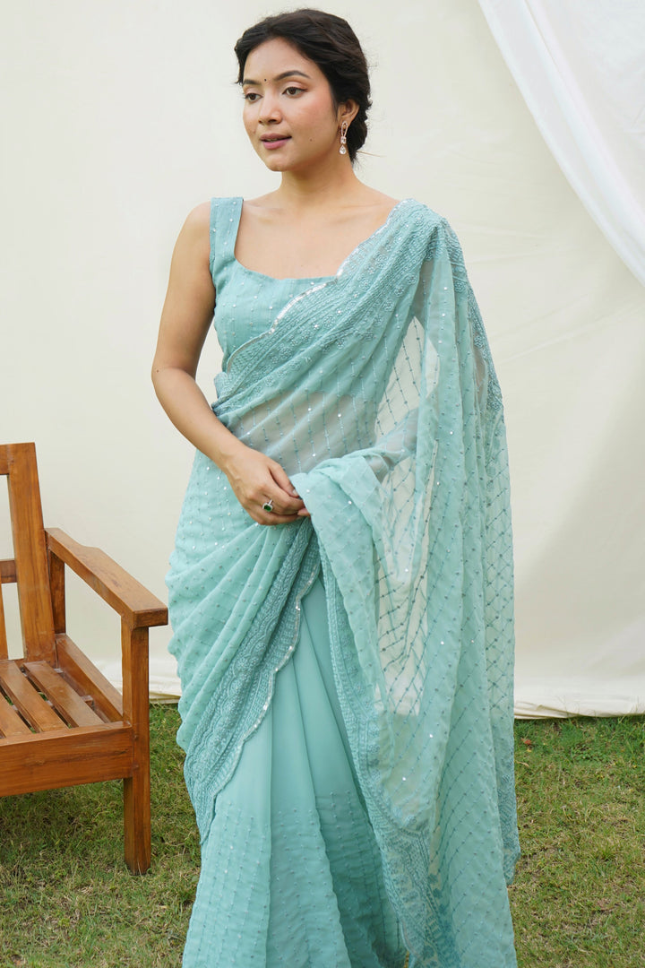 Cyan Color Sequins Work Brilliant Festive Wear Georgette Saree | Buy Online India