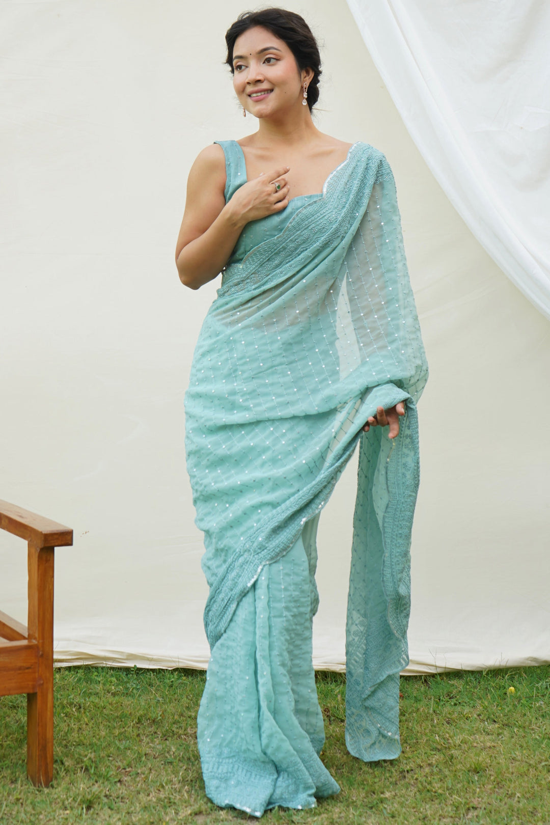 Cyan Color Sequins Work Brilliant Festive Wear Georgette Saree | Buy Online India