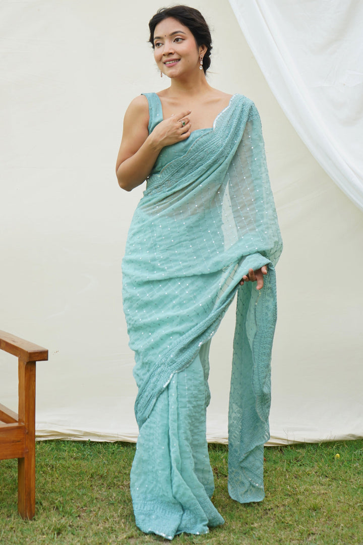 Cyan Color Sequins Work Brilliant Festive Wear Georgette Saree | Buy Online India