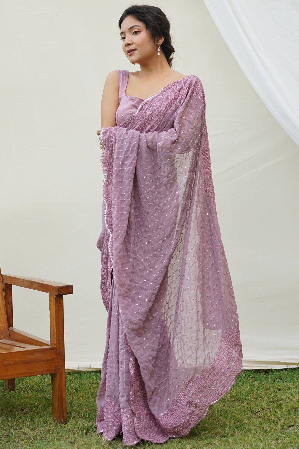 Delicate Lavender Color Sequins Work Festive Wear Georgette Saree