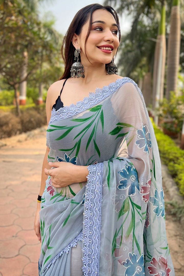 Floral Print Fancy Fabric Casual Saree In Grey Color | Buy Online India