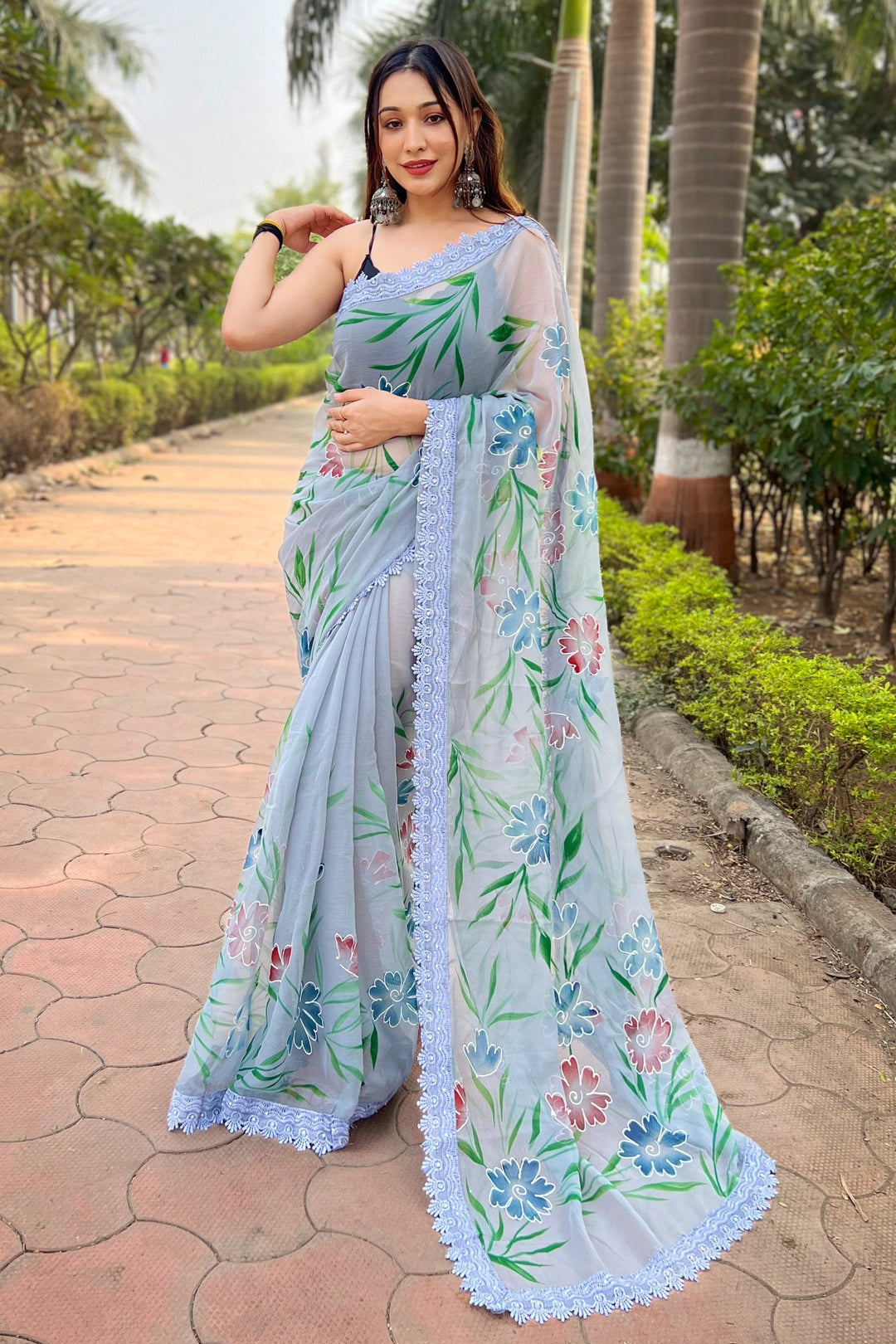 Floral Print Fancy Fabric Casual Saree In Grey Color | Buy Online India