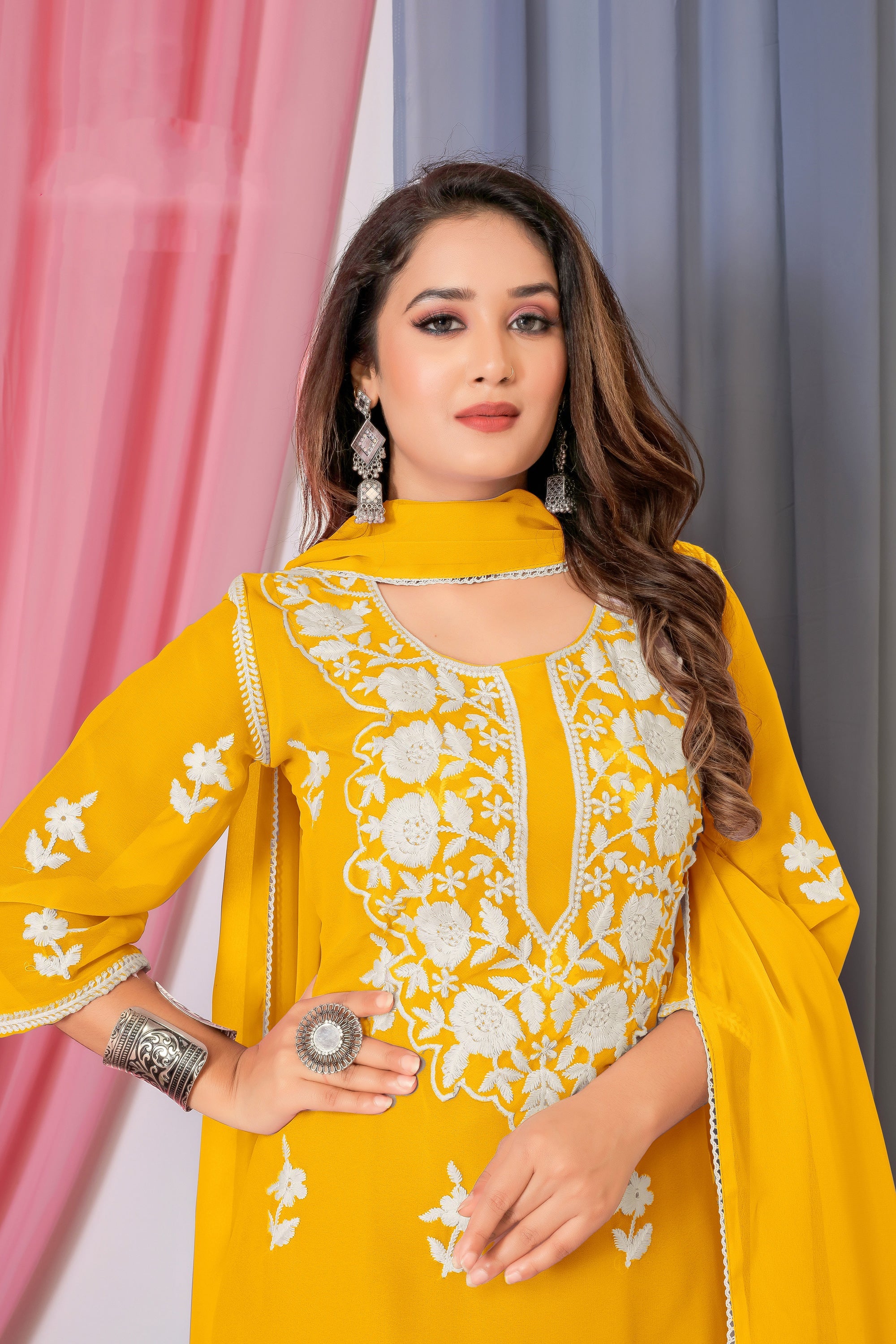 Yellow Color Georgette Fabric Beautiful Embroidered Palazzo Suit