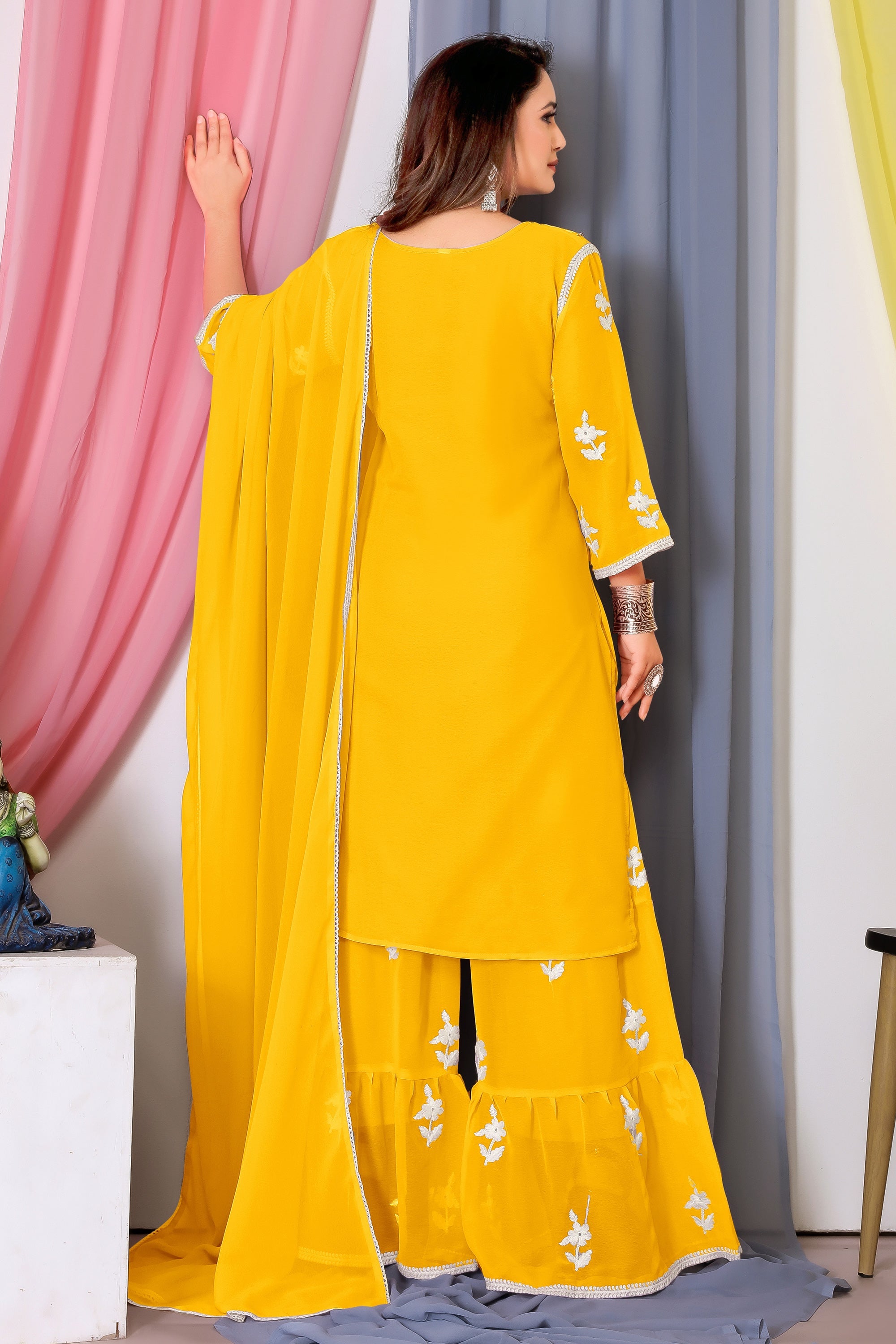 Yellow Color Georgette Fabric Beautiful Embroidered Palazzo Suit