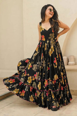 Incredible Digital Printed Rayon Fabric Black Color Readymade Gown