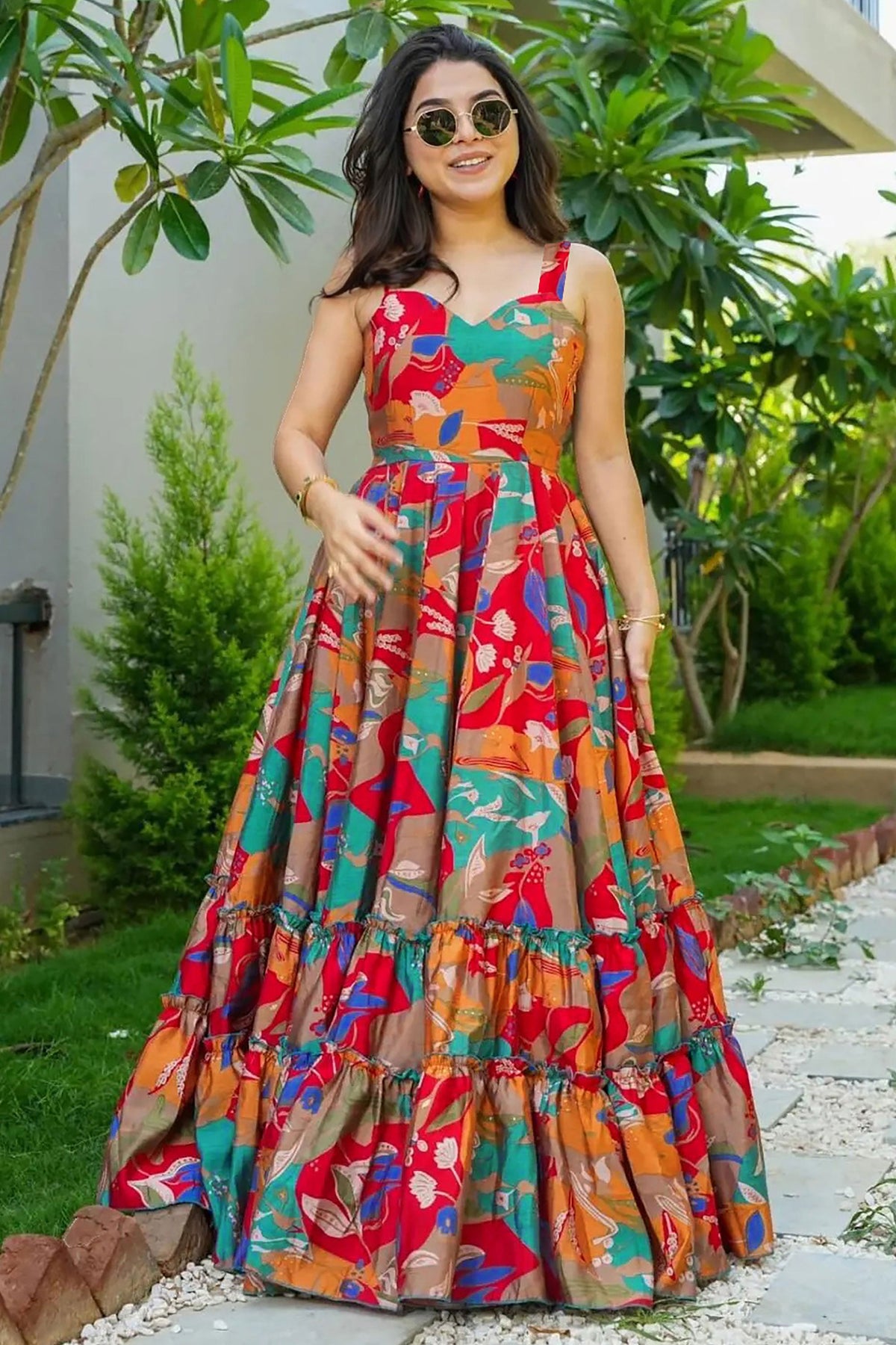 Engaging Multi Color Digital Printed Readymade Gown In Rayon Fabric