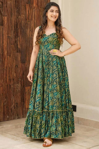 Green Color Digital Printed Rayon Fabric Chic Readymade Gown