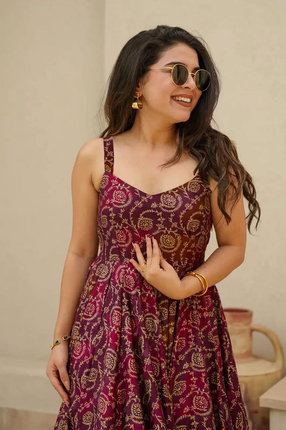 Beguiling Digital Printed Purple Color Rayon Fabric Readymade Gown | Buy Online India