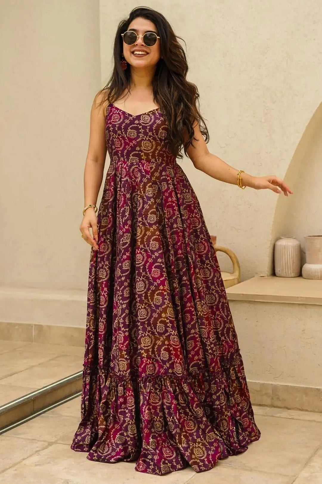 Beguiling Digital Printed Purple Color Rayon Fabric Readymade Gown | Buy Online India