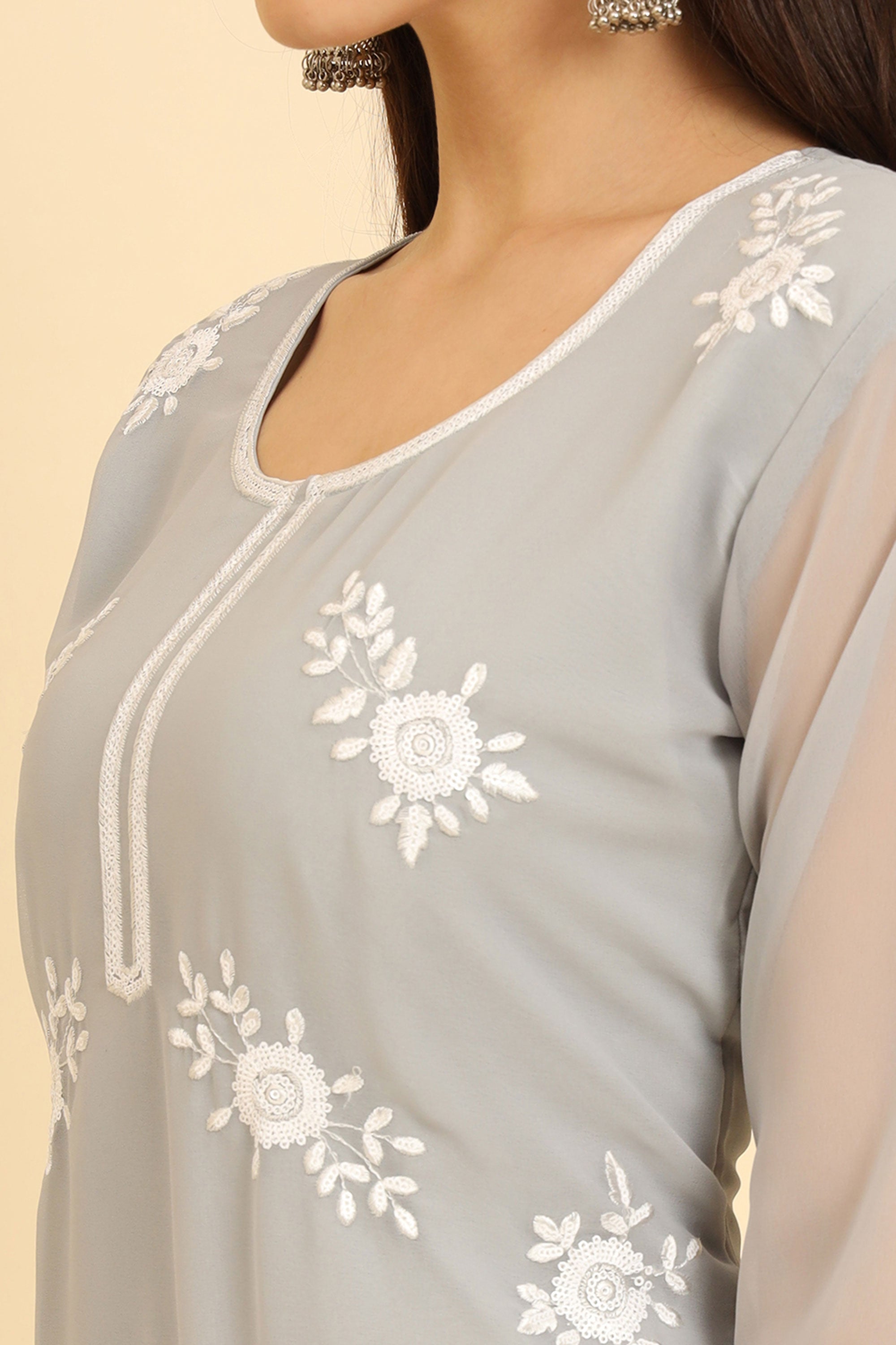 Attractive Georgette Fabric Grey Color Kurti