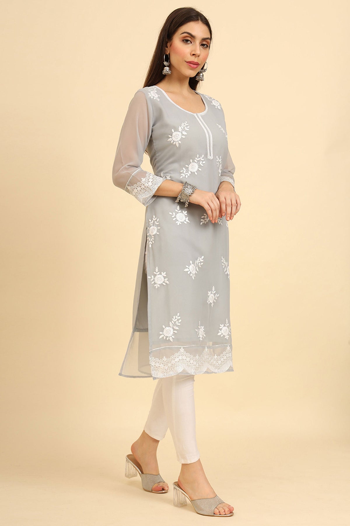 Attractive Georgette Fabric Grey Color Kurti