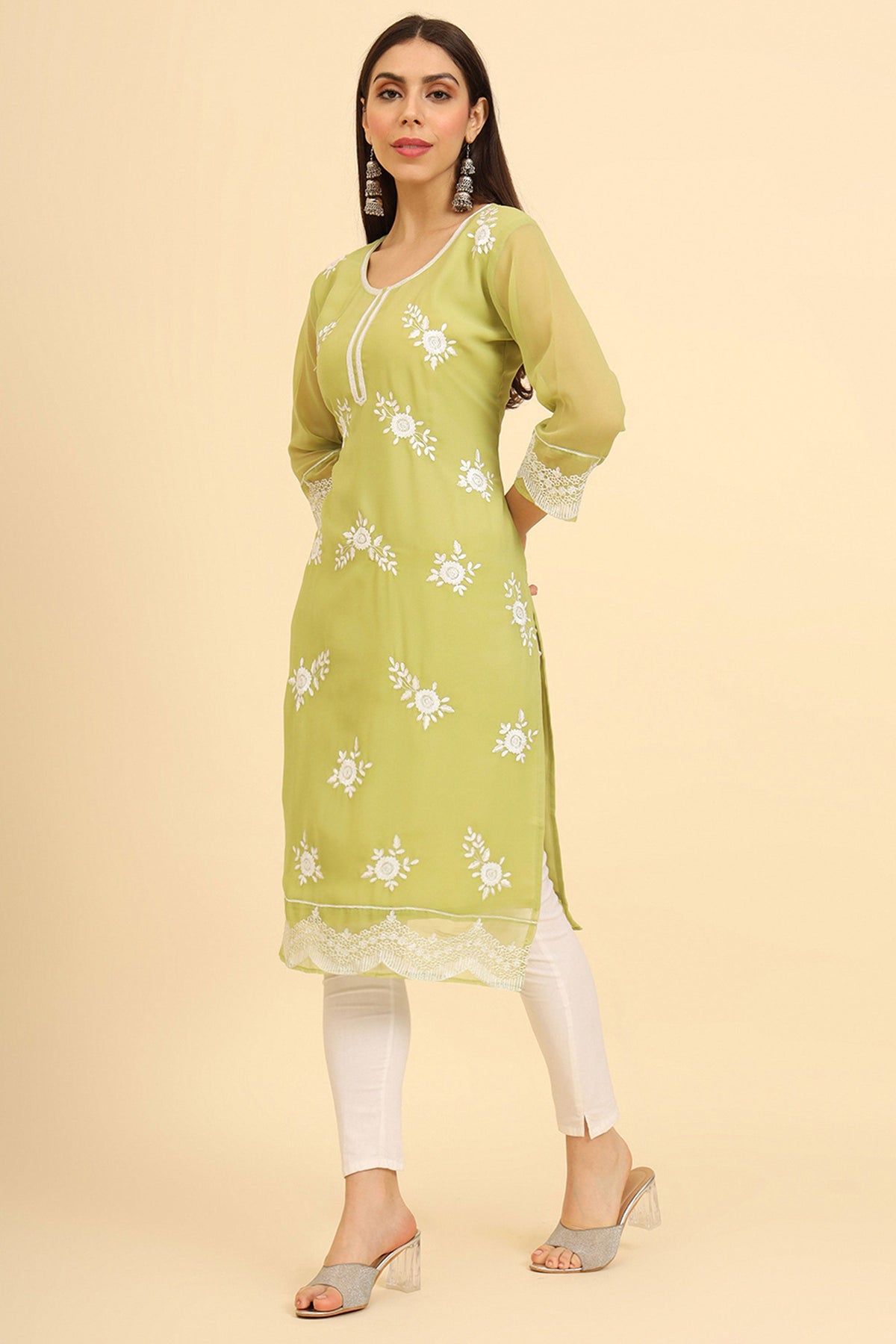 Green Color Georgette Fabric Riveting Kurti