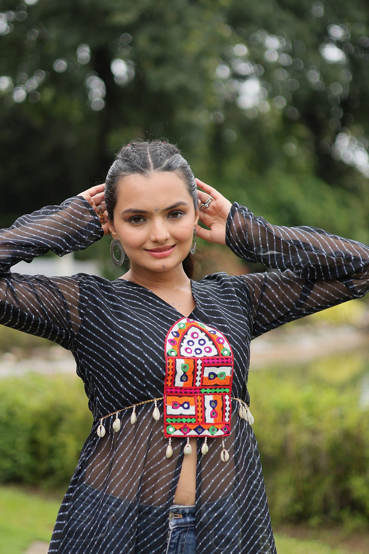 Tempting Laheriya Printed Kutchi Patch Work Black Kurti