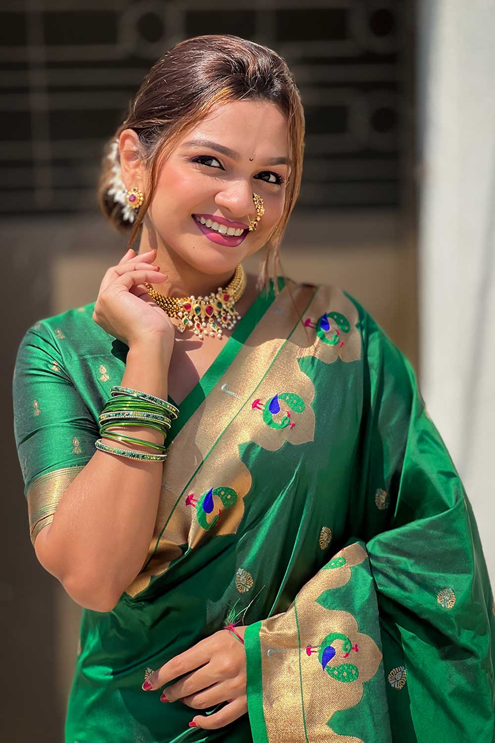 Weaving Work Imposing Paithani Silk Saree In Green Color | Buy Online India
