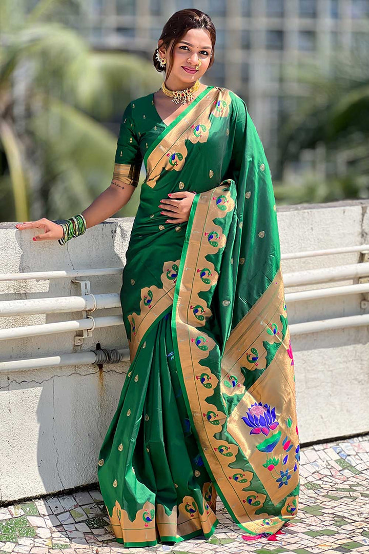 Weaving Work Imposing Paithani Silk Saree In Green Color | Buy Online India