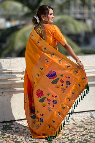 Weaving Work Soothing Paithani Silk Saree In Orange Color