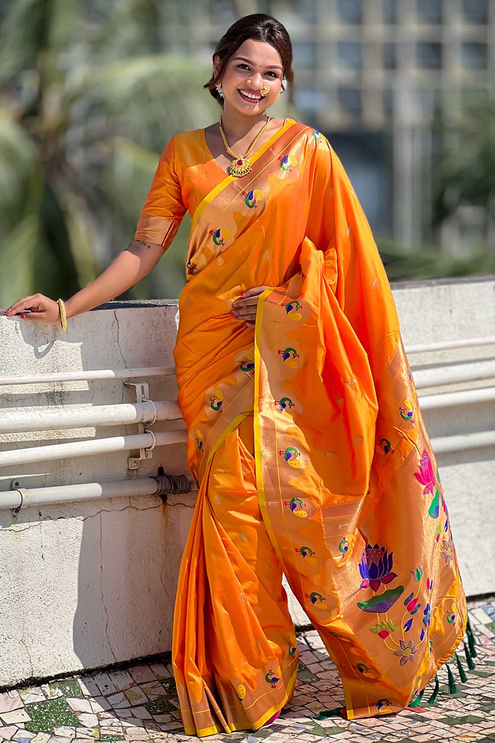 Weaving Work Soothing Paithani Silk Saree In Orange Color