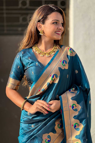 Teal Color Weaving Work Brilliant Paithani Silk Saree