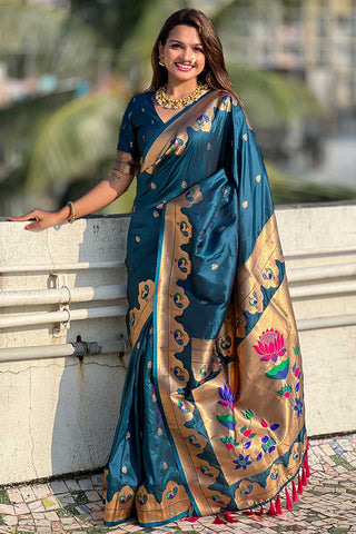 Teal Color Weaving Work Brilliant Paithani Silk Saree