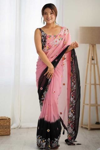 Radiant Black Color Embroidered Georgette Saree