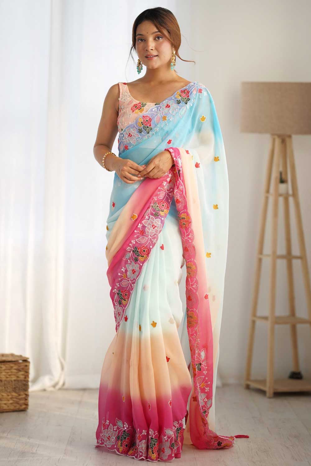 Blazing Sky Blue Color Embroidered Georgette Saree