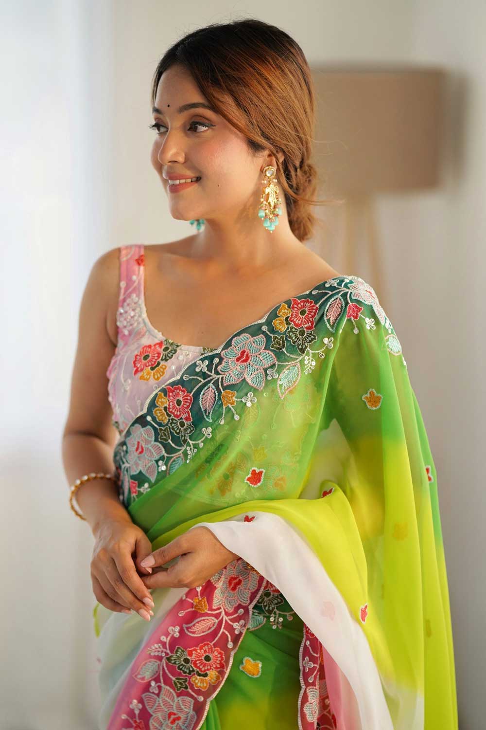 Graceful Embroidered Green Color Georgette Saree | Buy Online India