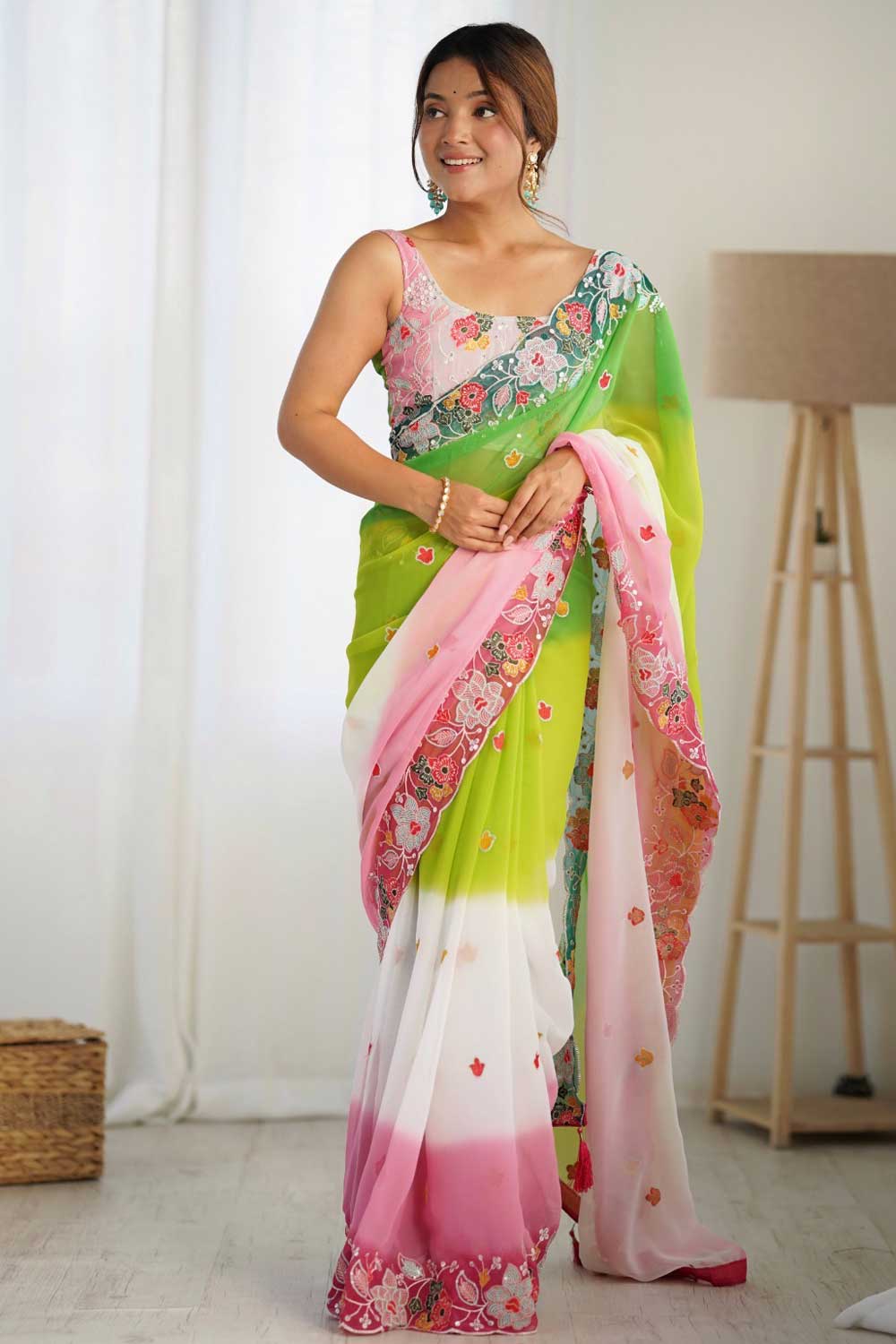 Graceful Embroidered Green Color Georgette Saree