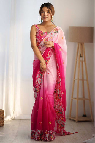 Enticing Embroidered Pink Color Georgette Saree