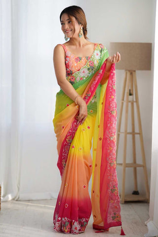 Attractive Yellow Color Embroidered Georgette Saree