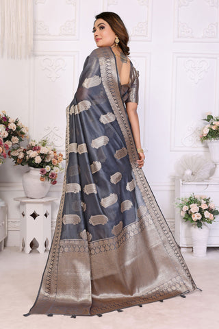 Organza Zari Weaving Saree In Grey Color