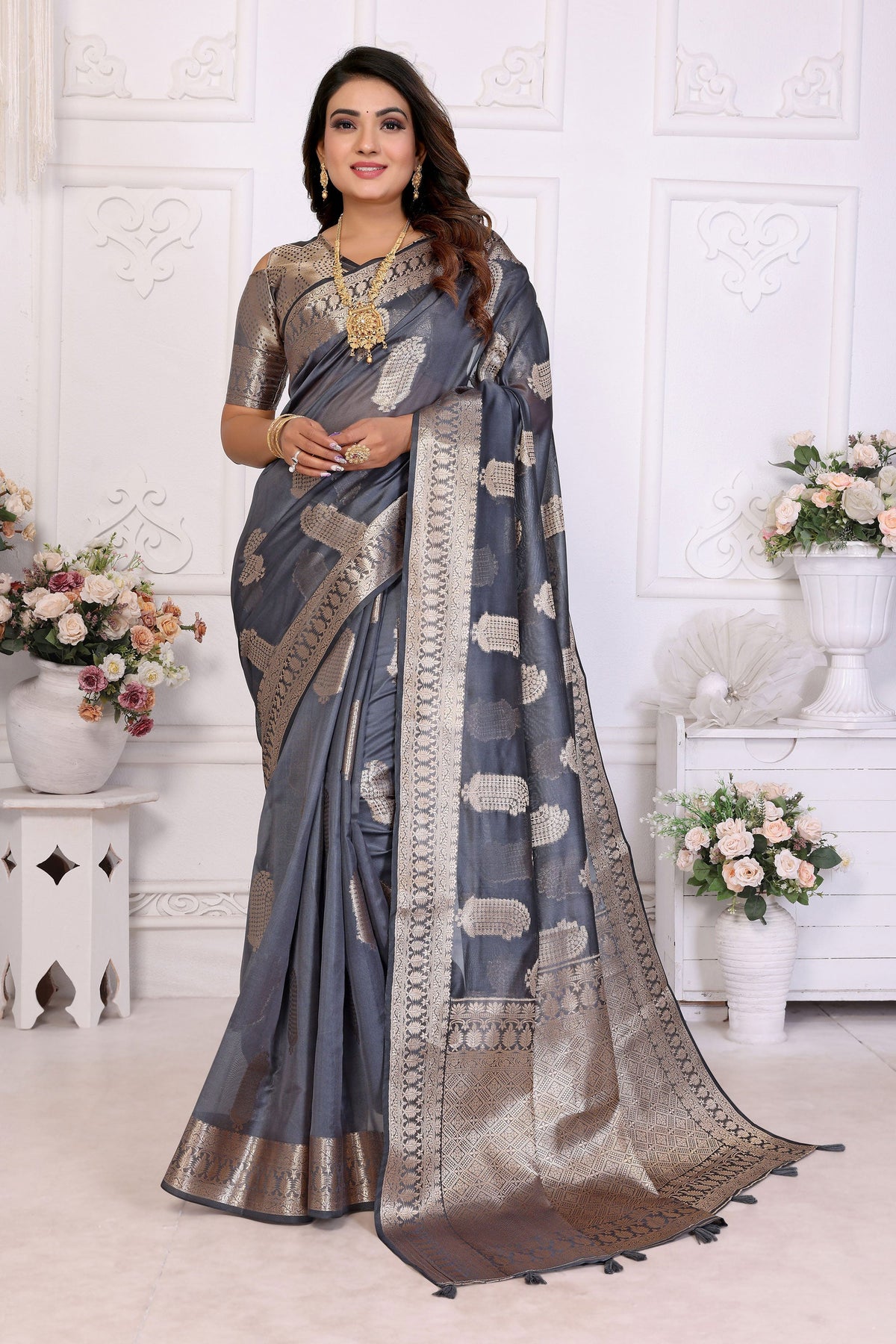 Organza Zari Weaving Saree In Grey Color