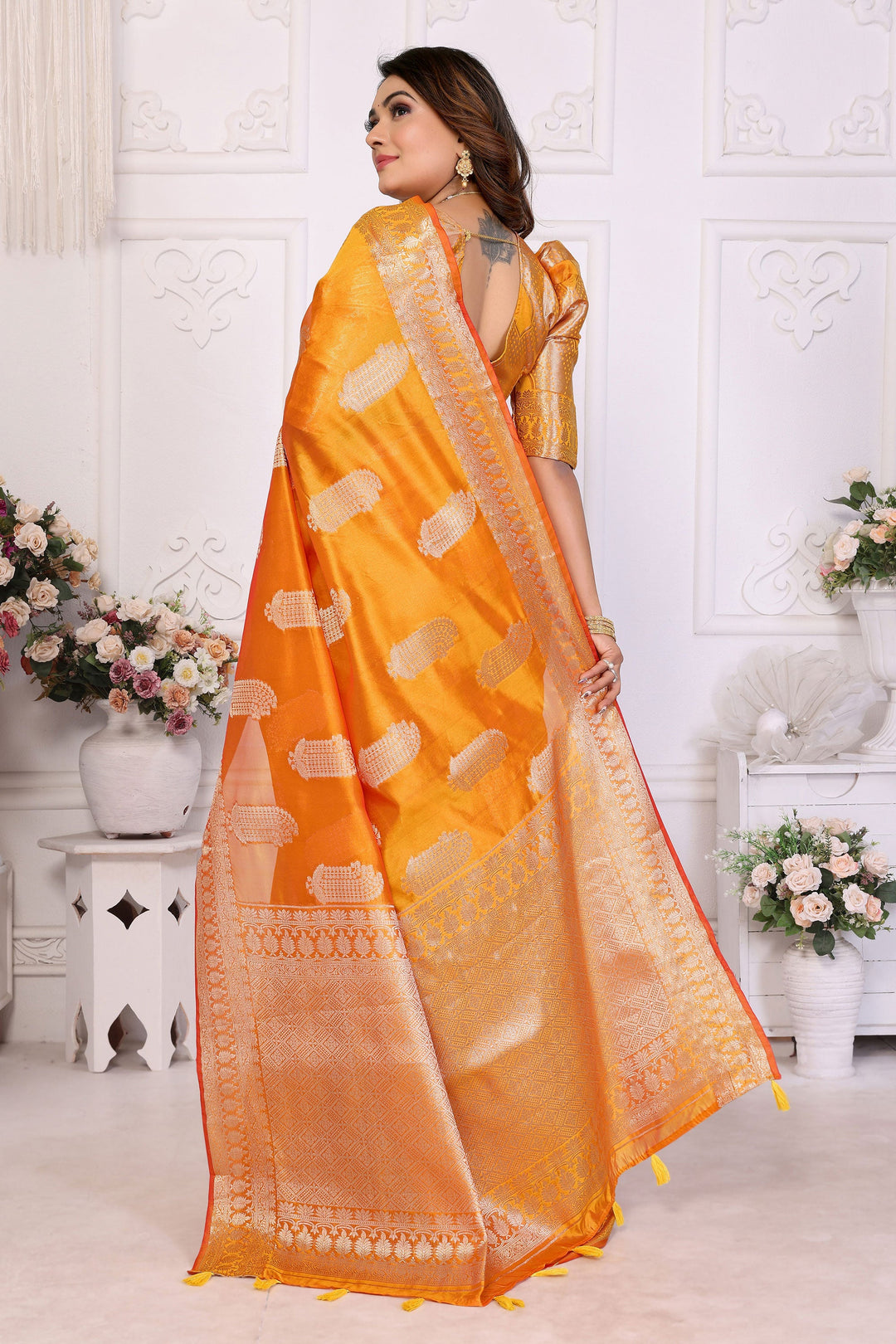 Gleaming Organza Zari Weaving Saree In Orange Color | Buy Online India