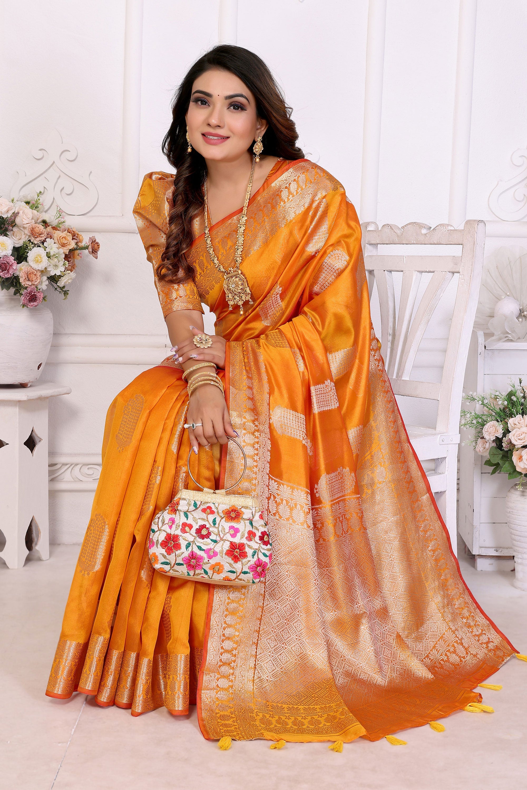 Gleaming Organza Zari Weaving Saree In Orange Color