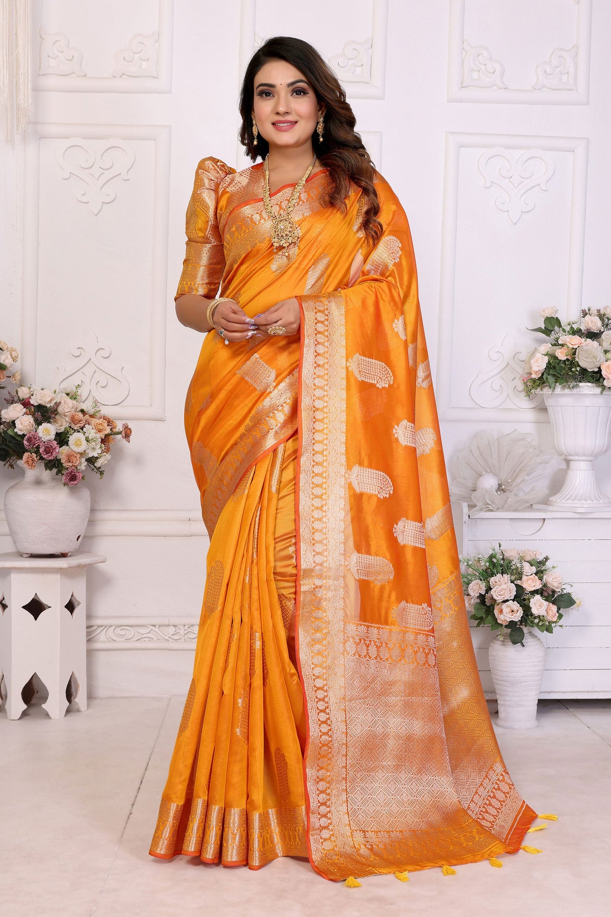 Gleaming Organza Zari Weaving Saree In Orange Color