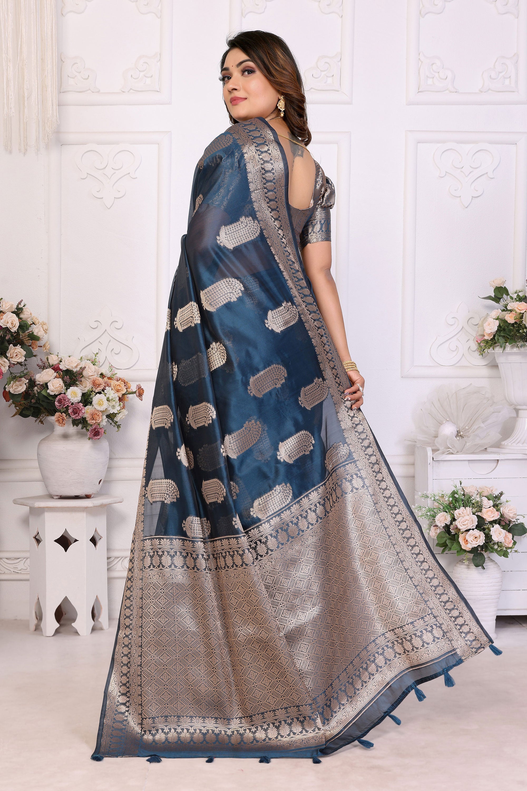 Elegant Teal Organza Zari Weaving Saree For Function Wear