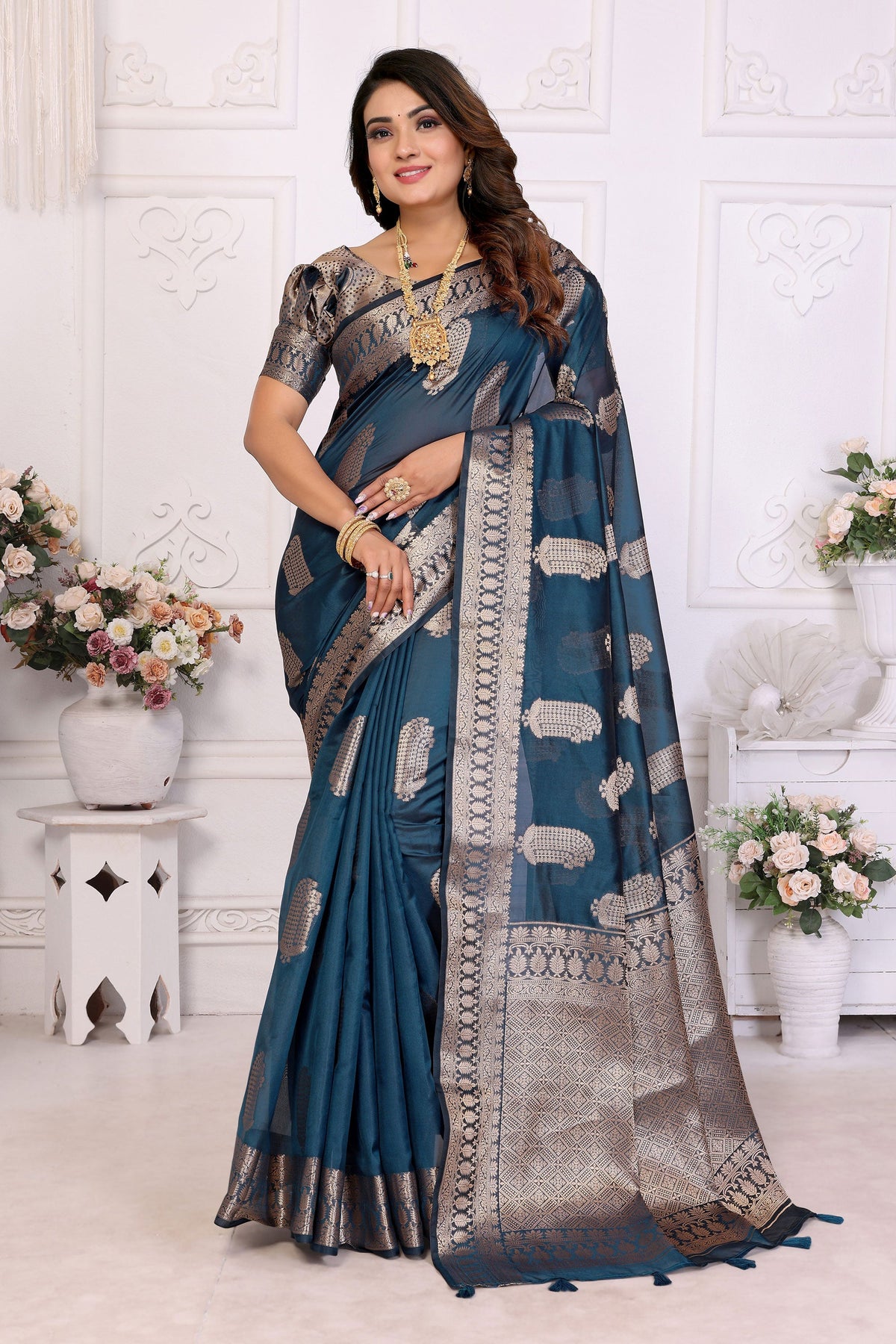 Elegant Teal Organza Zari Weaving Saree For Function Wear