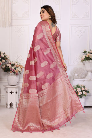 Charm Organza Zari Weaving Saree In Pink Color