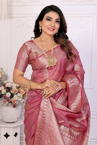 Charm Organza Zari Weaving Saree In Pink Color