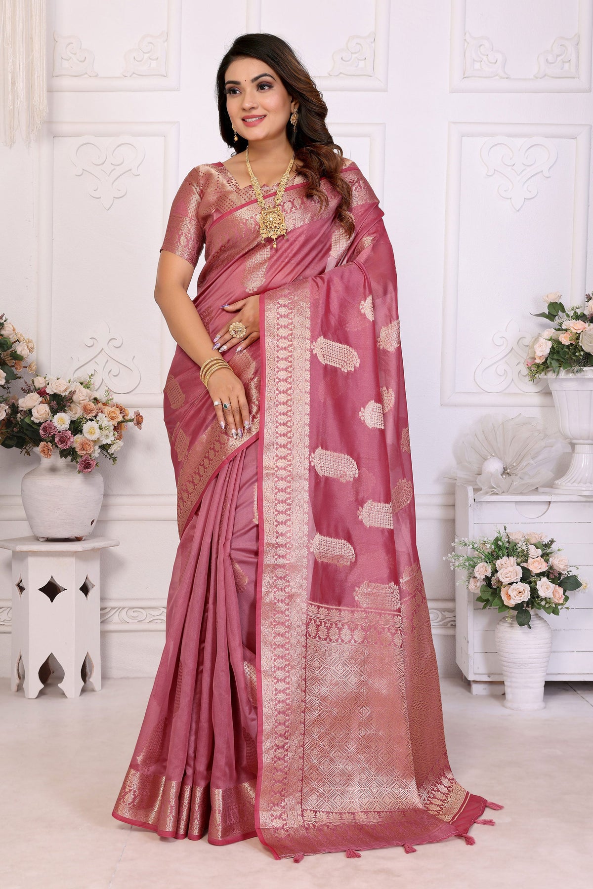 Charm Organza Zari Weaving Saree In Pink Color