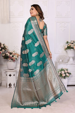 Sophisticated Dark Cyan Organza Zari Weaving Function Wear Saree