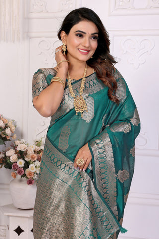 Sophisticated Dark Cyan Organza Zari Weaving Function Wear Saree