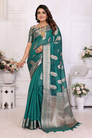 Sophisticated Dark Cyan Organza Zari Weaving Function Wear Saree