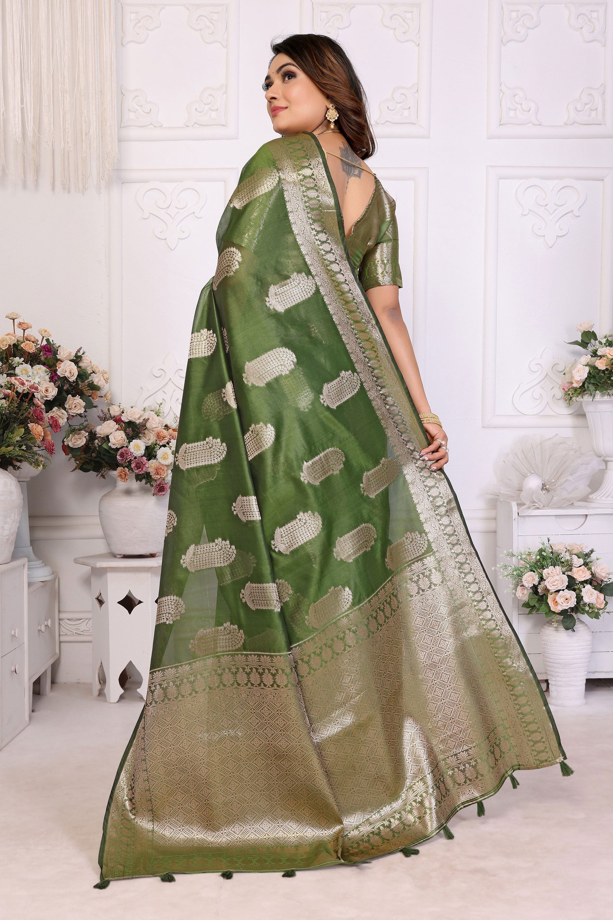 Opulent Green Organza Zari Weaving Function Wear Saree