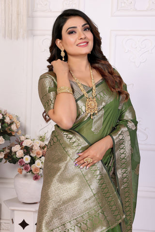 Opulent Green Organza Zari Weaving Function Wear Saree