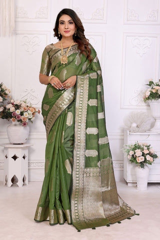 Opulent Green Organza Zari Weaving Function Wear Saree