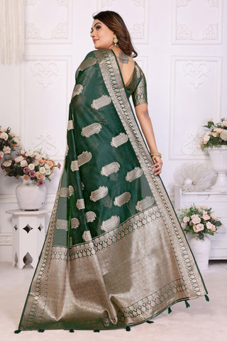 Function Wear Organza Zari Weaving Saree In Dark Green Color