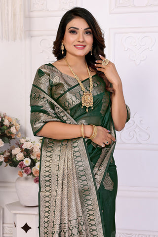 Function Wear Organza Zari Weaving Saree In Dark Green Color