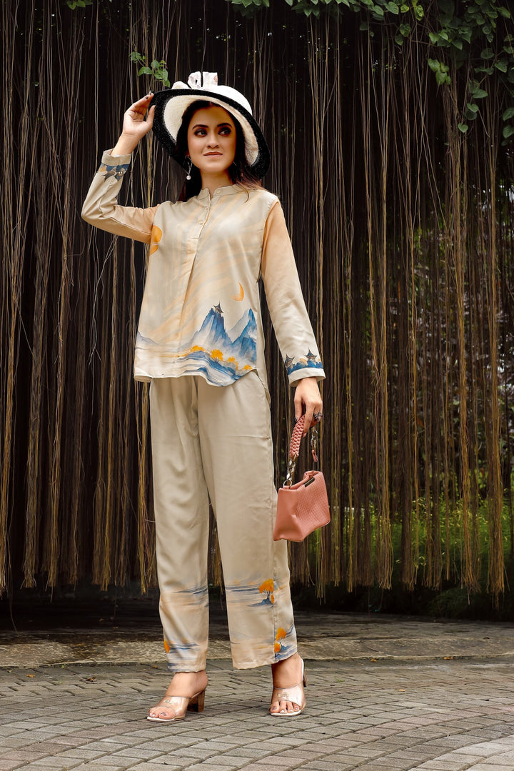 Amazing Cream Color Rayon Fabric Readymade Co-Ord Set | Buy Online India